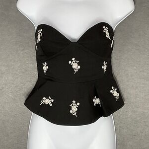 Zara Corset Top Womens Sz S‎ Black Floral Embroidered Strapless Peplum Romantic
